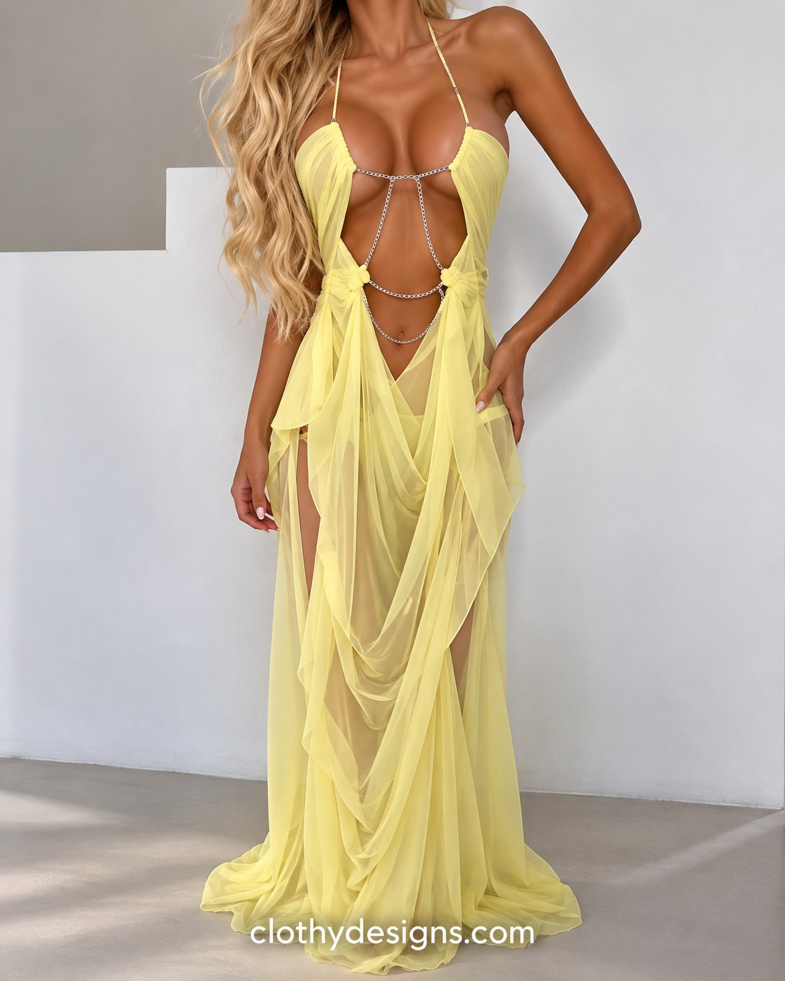 Women’s Halter Maxi Party Dress – Plunging Neckline, Cut-Out Backless Design & Sleeveless Mesh Evening Gown